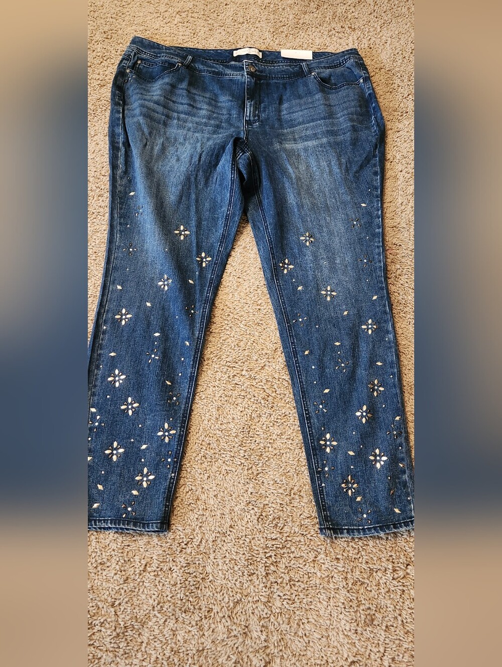 Navy Blue Skinny Curvy Skinny Jeans with Silver Stud Details